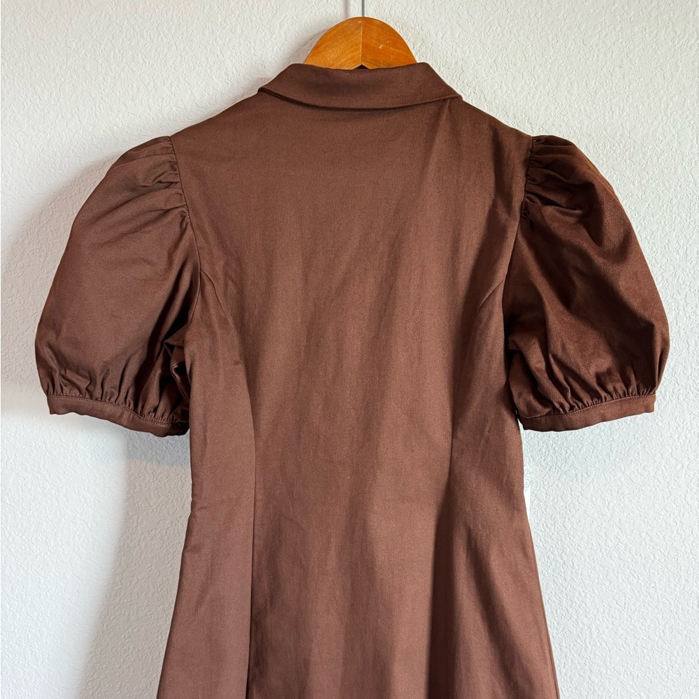 Tuckernuck Hyacinth House Chocolate Brown Puff Sleeve Denim Zip Midi Dress M - Picture 8 of 10